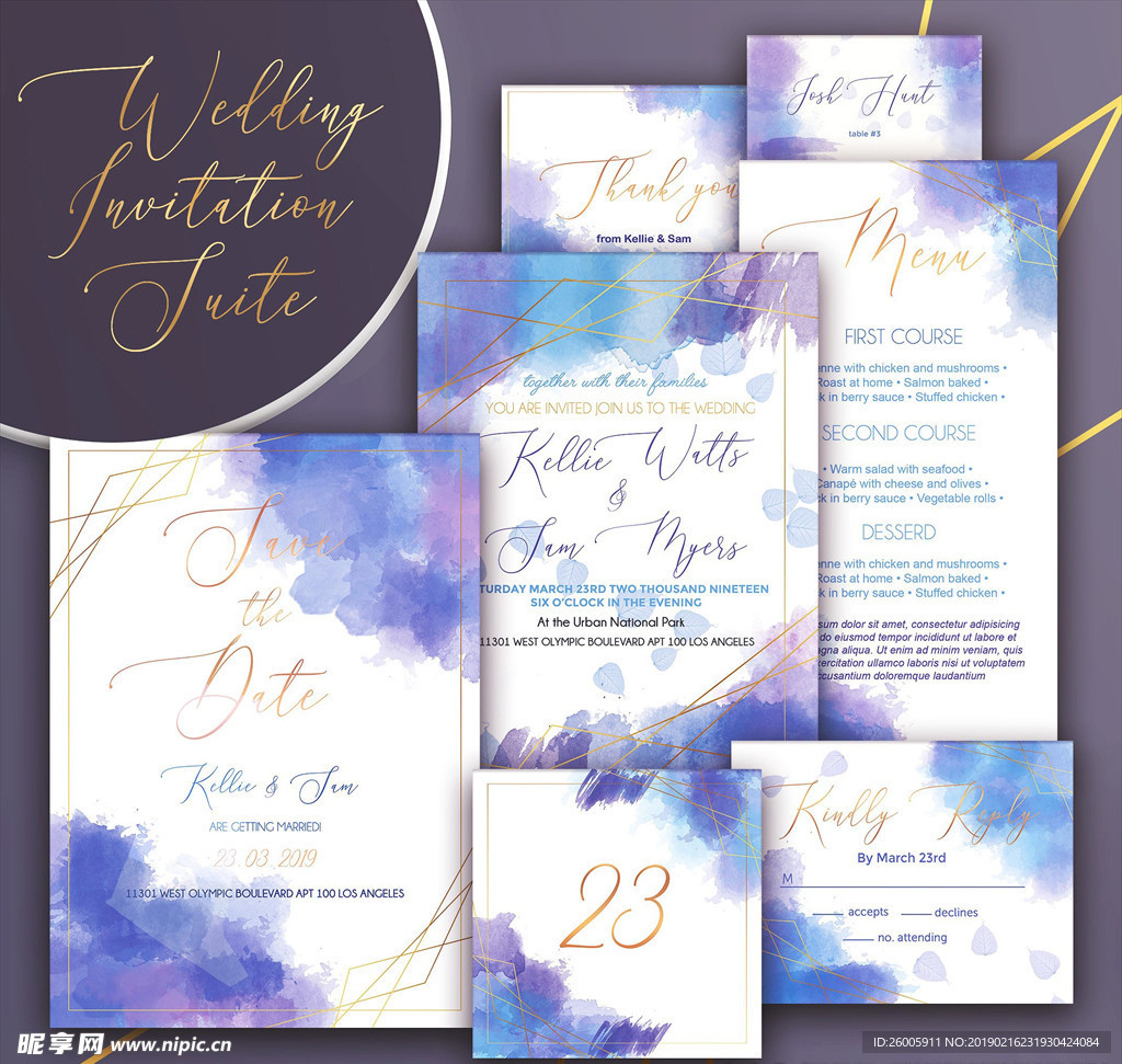 蓝色金线水彩墨迹文艺婚礼邀请函