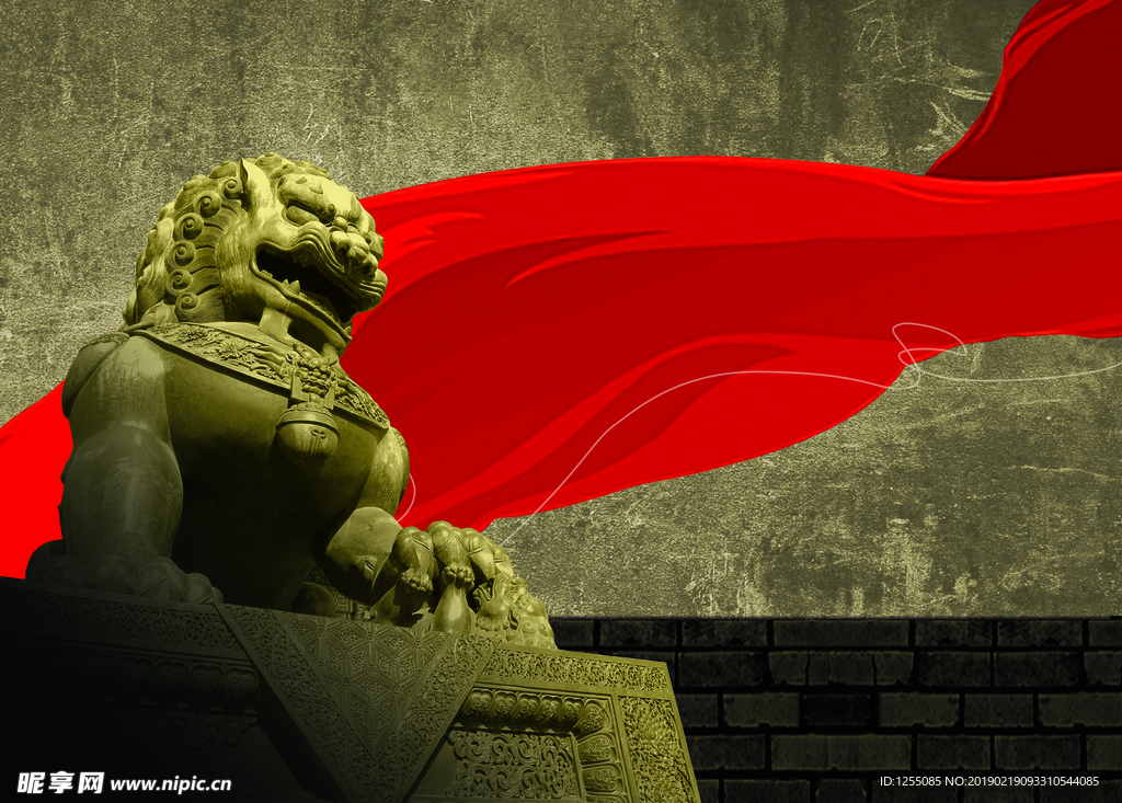 石狮子红绸缎海报