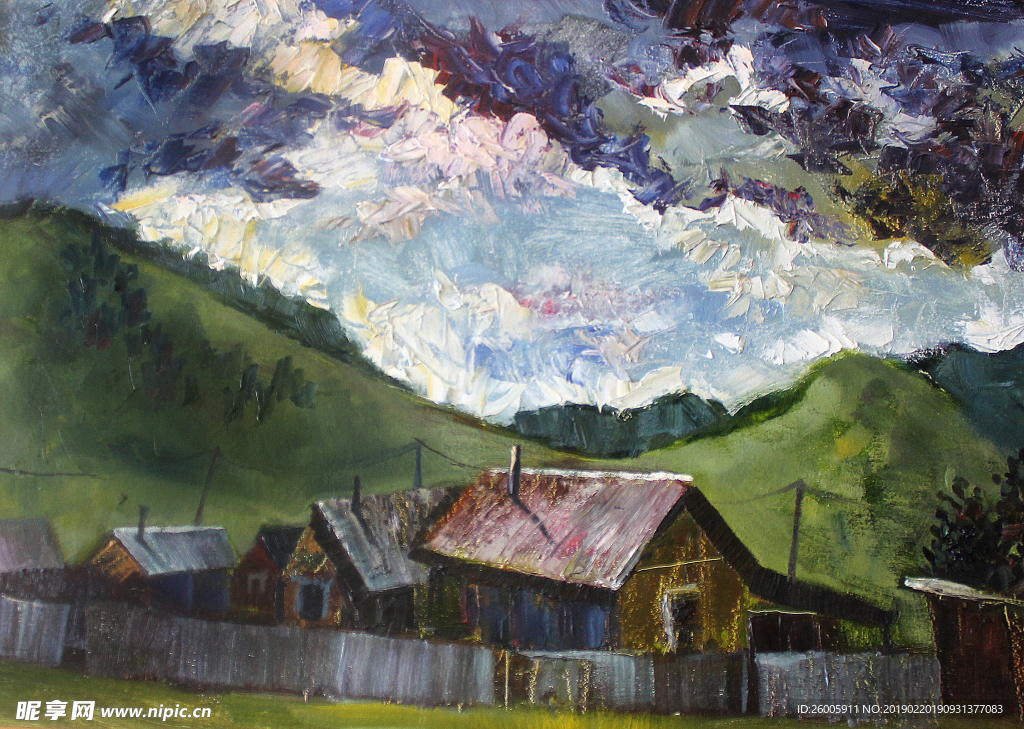 山脚下的房子油画