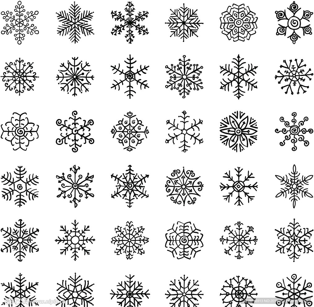 手绘黑白雪花图案AI矢量