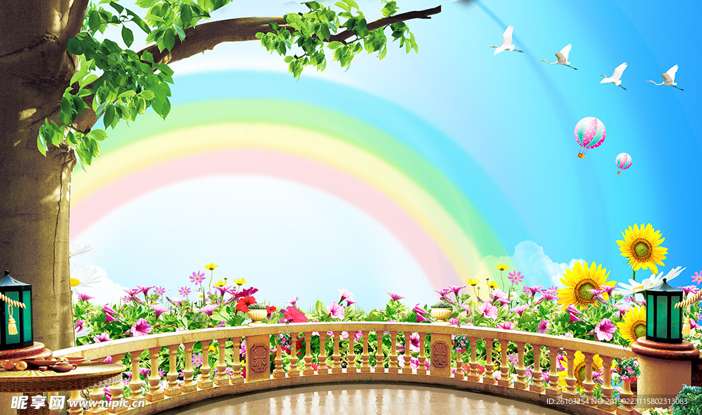 儿童蓝天白云彩虹大树电视背景墙