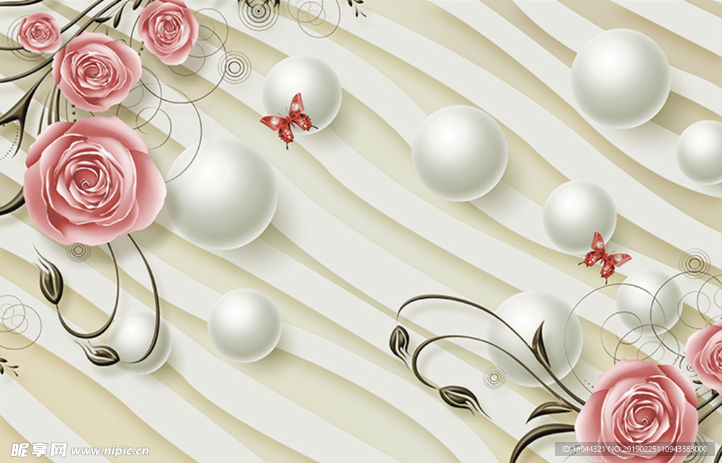 欧式玫瑰花圆球条纹电视背景墙