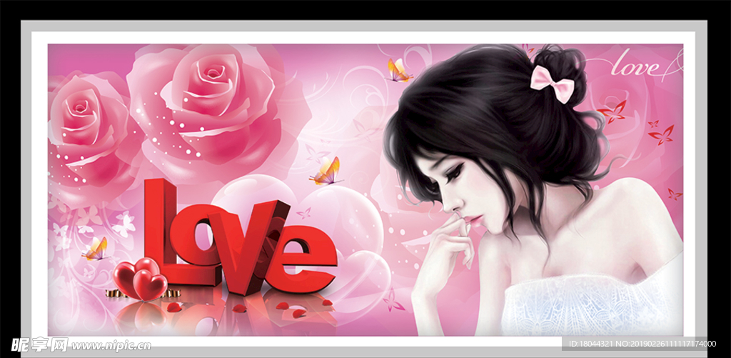 浪漫手绘美女玫瑰花LOVE装饰