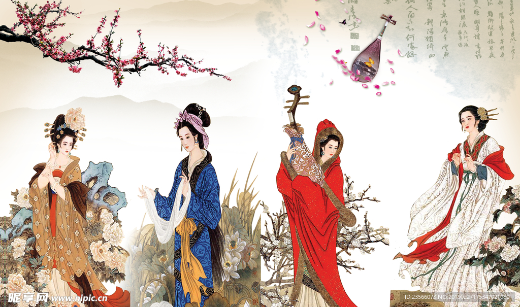 中式传统山水风景花朵富贵背景墙