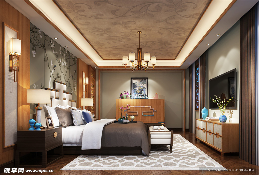新中式卧室集成墙面模型效果图