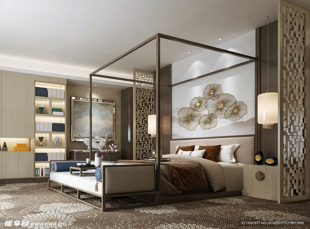 新中式卧室集成墙面模型效果图