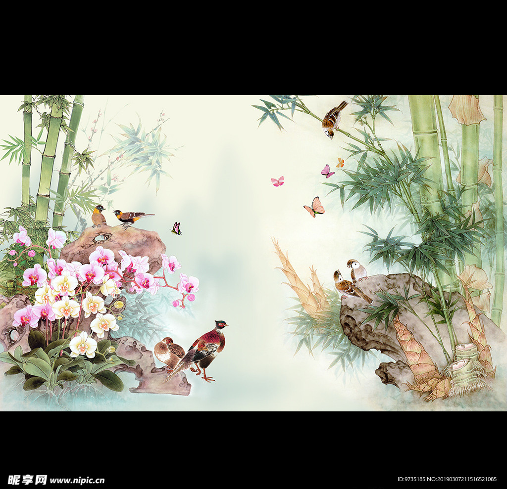 传统工笔花鸟竹石兰花背景墙