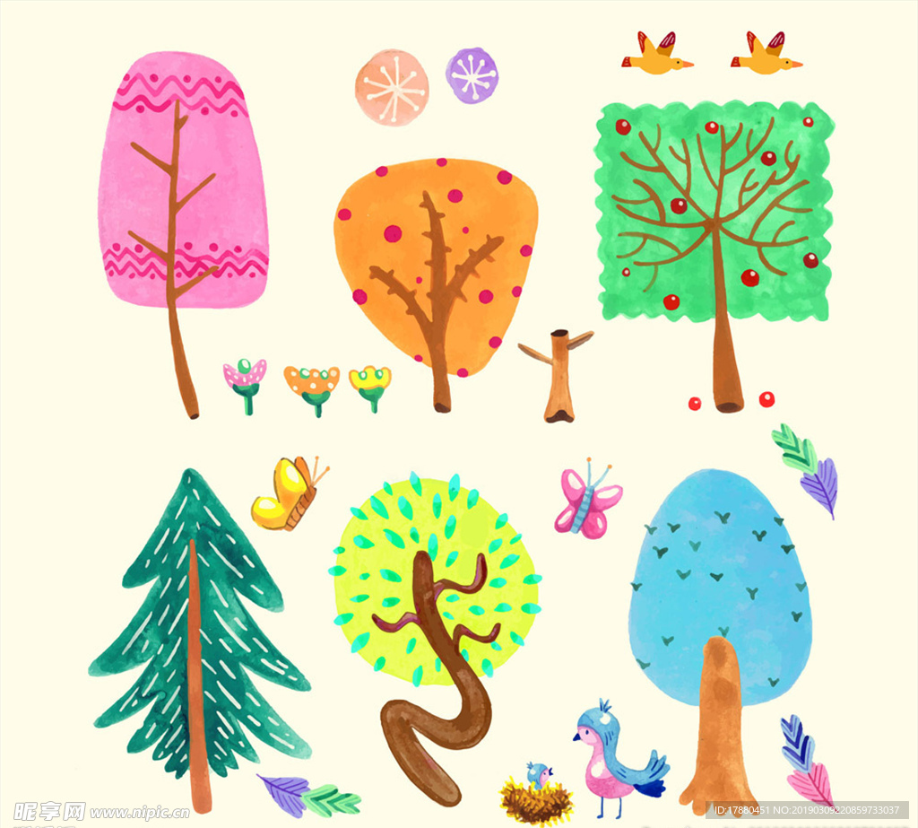 彩色树木和花鸟设计