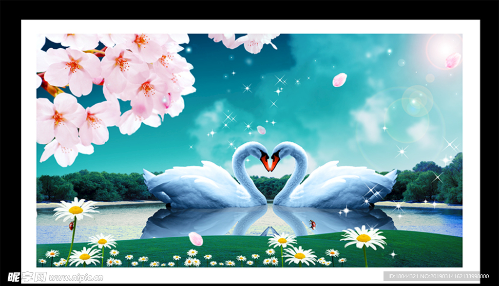 浪漫月光天鹅湖桃花装饰画