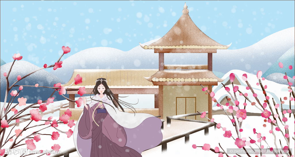 古风手绘美女与雪