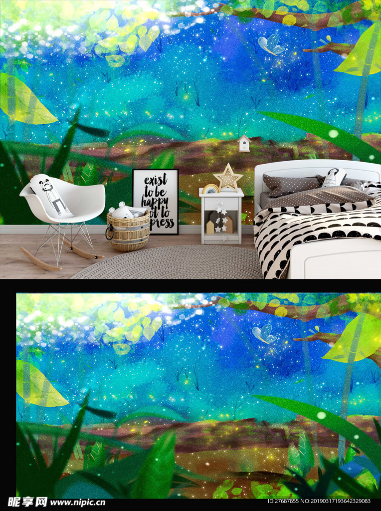 手绘梦幻森林背景墙