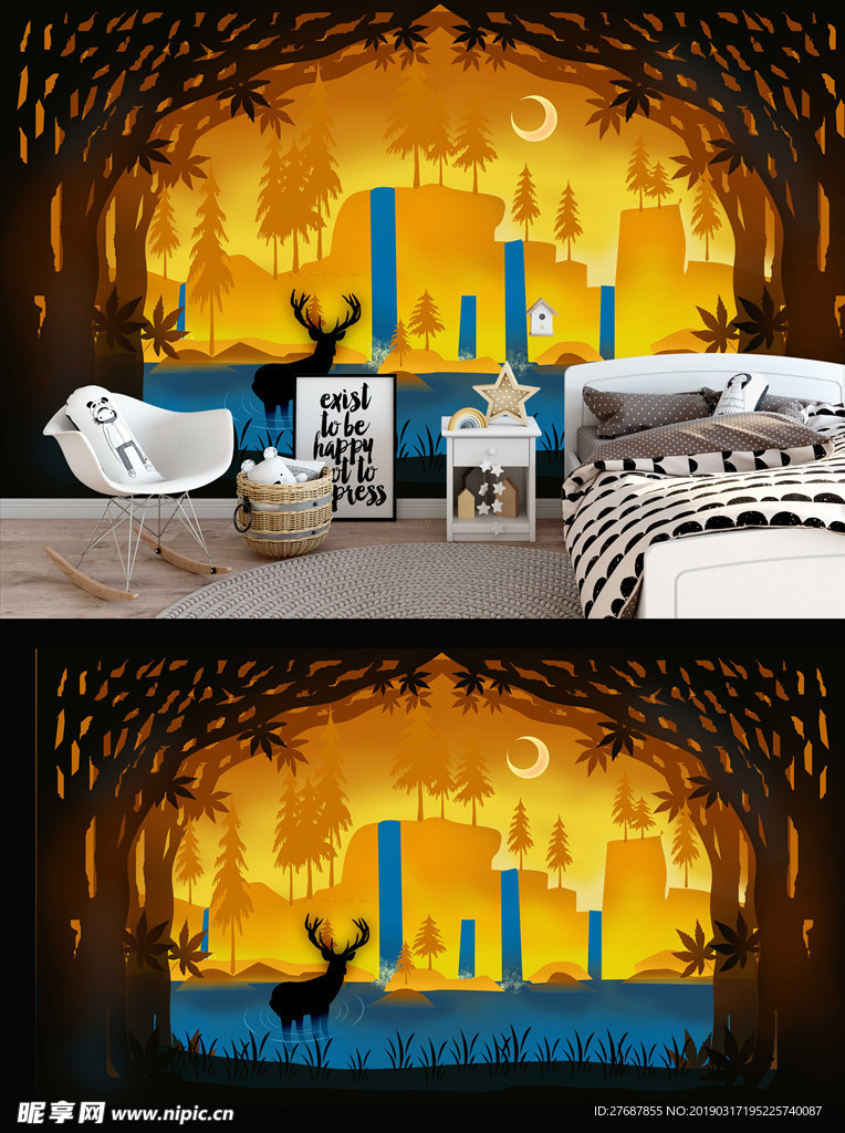 唯美月光森林麋鹿背景墙