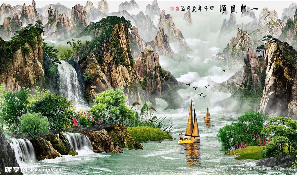 中式油画一帆风顺山水风景背景墙