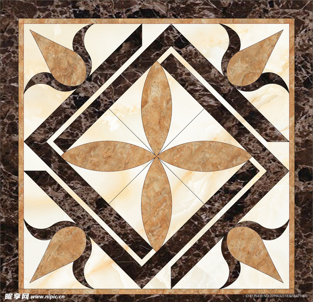 唯美中式大理石纹理立体花朵地拼