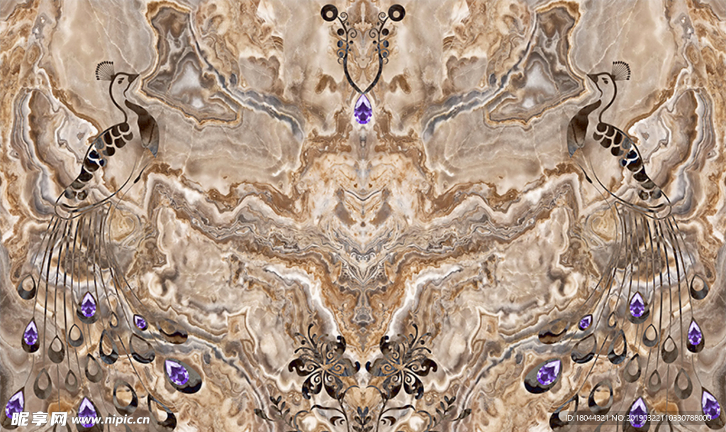 欧式大理石孔雀紫色珠宝电视背景