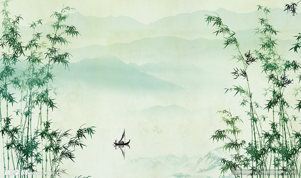 中式小船荷花飞鸟背景墙