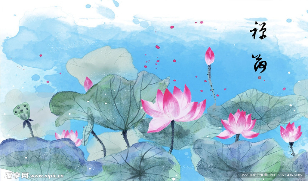 中式意境水墨荷花莲花禅境背景墙