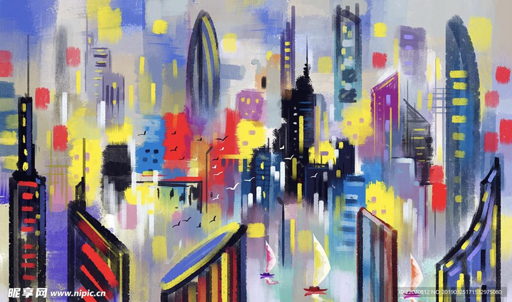 欧式手绘抽象城市油画背景墙