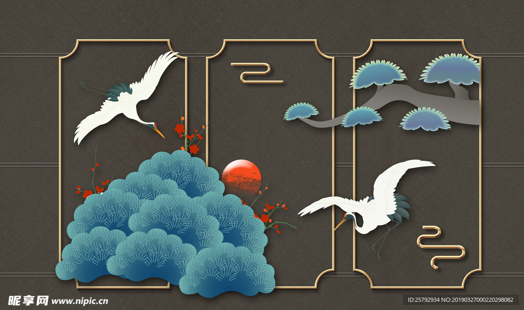 新中式松鹤延年传统屏风背景墙