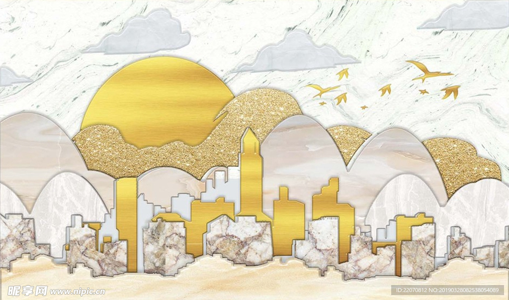 手绘城市远山太阳纹理浮雕背景墙