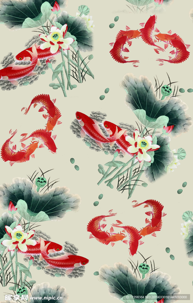 中国风荷花锦鲤图案