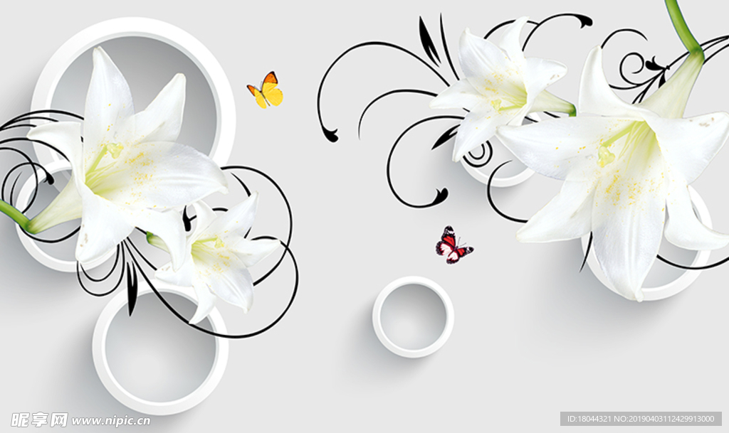 白色百合花花纹圆圈电视背景墙