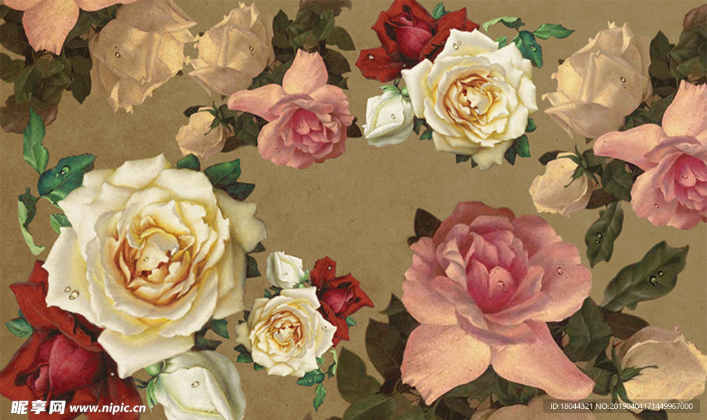 手绘复古油画玫瑰花电视背景墙