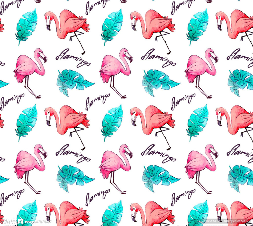 彩绘火烈鸟和芭蕉叶无缝背景