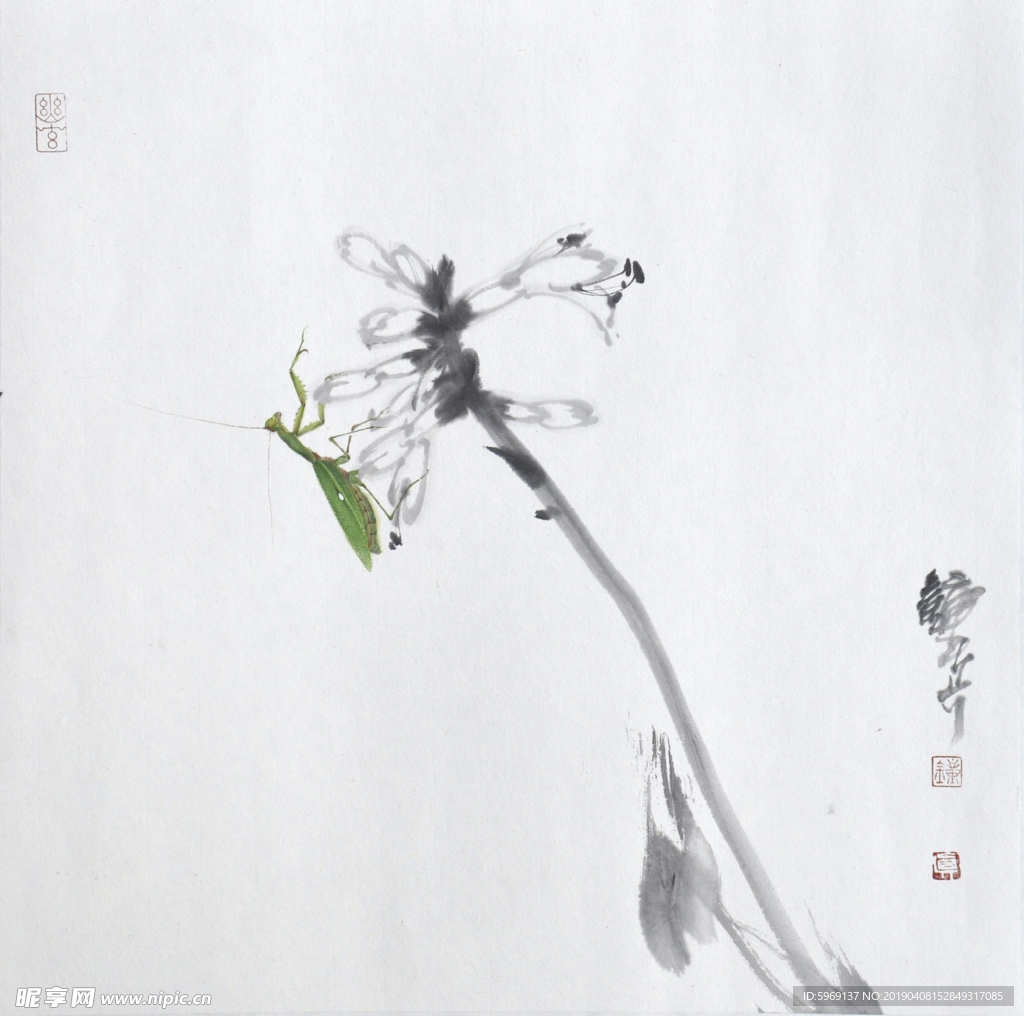 钟真国草虫系列手绘国画水墨花鸟