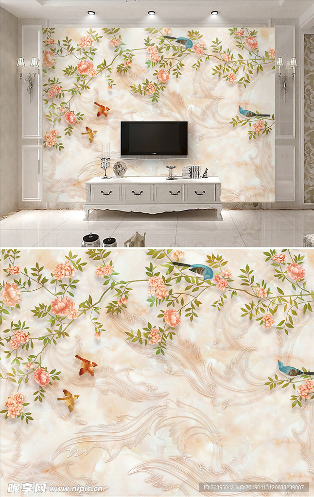 大理石工笔花鸟背景墙