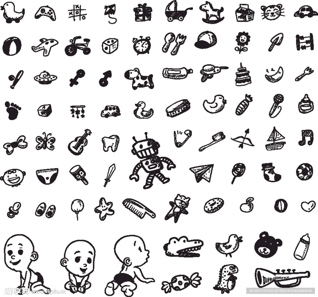 黑白矢量婴幼儿日常用品插画