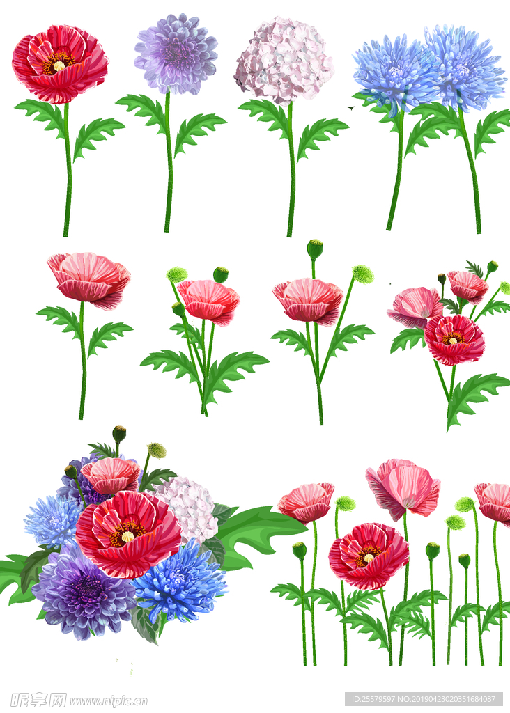 红花绿叶很靓的插画花装饰花