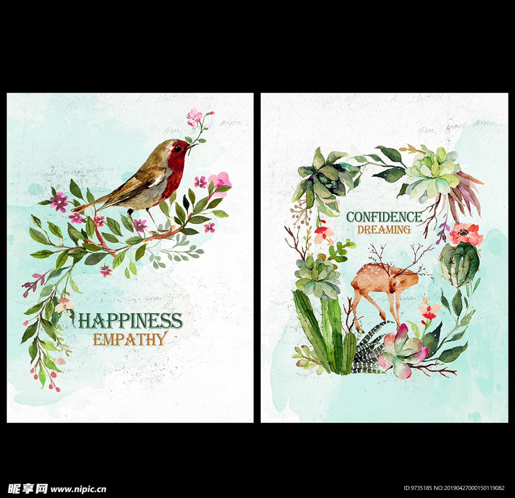 小清新水彩手绘植物北欧无框画