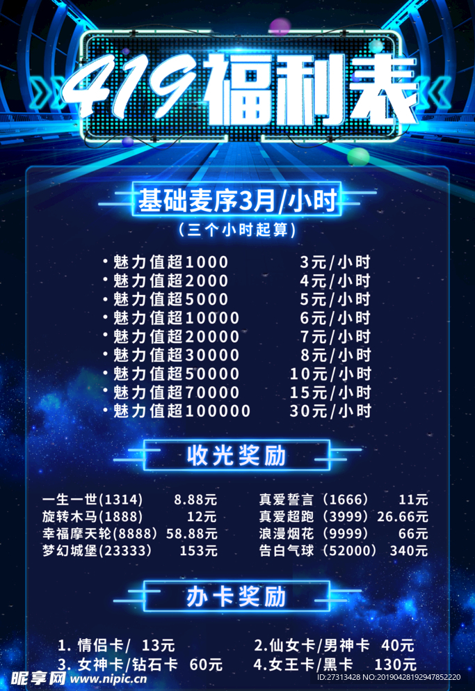 娱乐会所 福利表