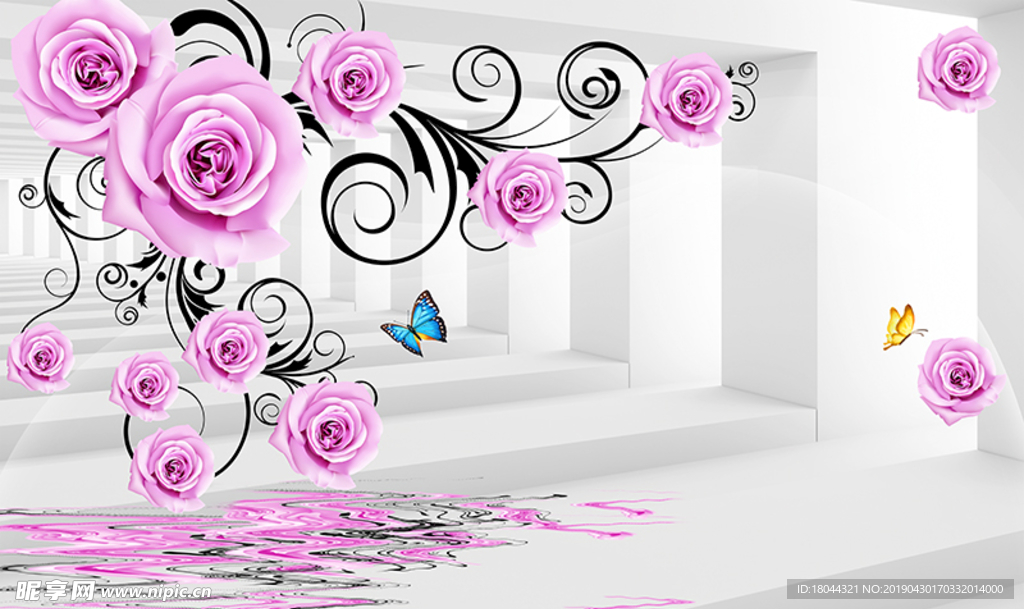 紫色玫瑰花立体空间电视背景墙