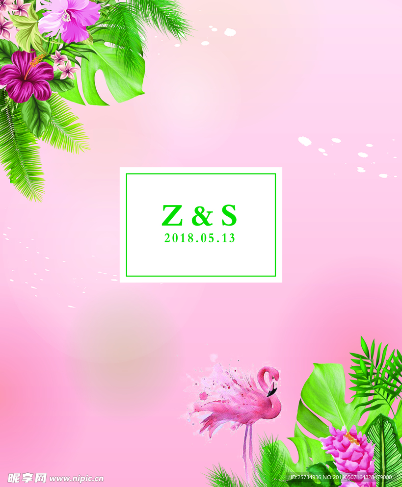 粉色热带风火烈鸟婚礼婚庆背景
