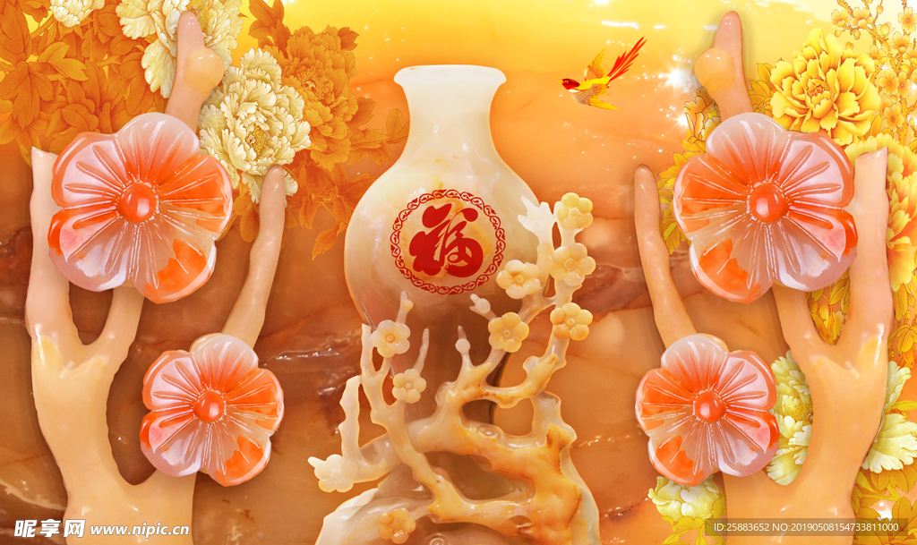 花开富贵玉雕电视背景墙