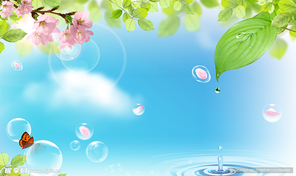 绿色树叶桃花背景墙