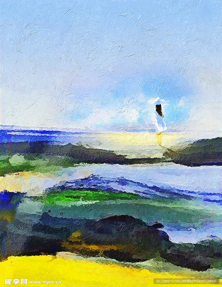 北欧海滩美女油画