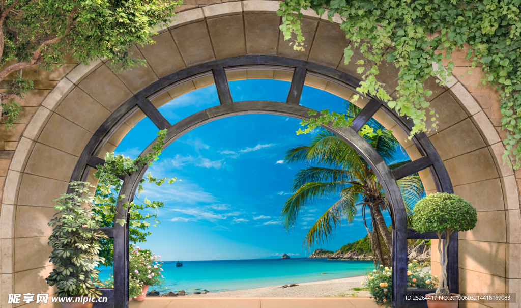 拱门沙滩海景3d背景墙