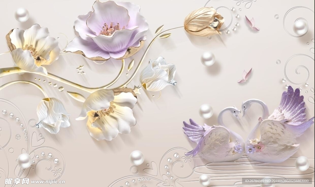 3D浮雕珍珠荷花