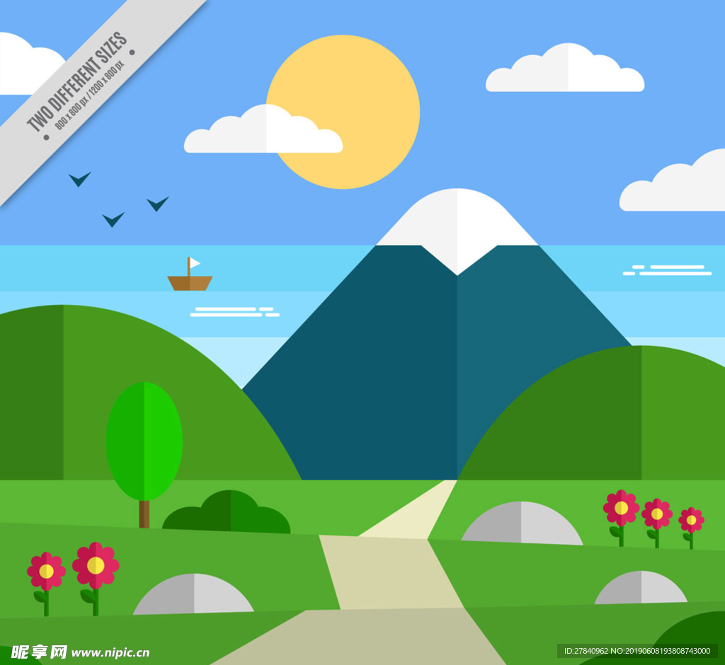 扁平化通往山间的路边风景矢量图