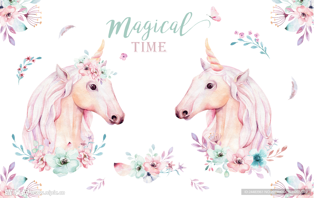 水彩花卉独角兽