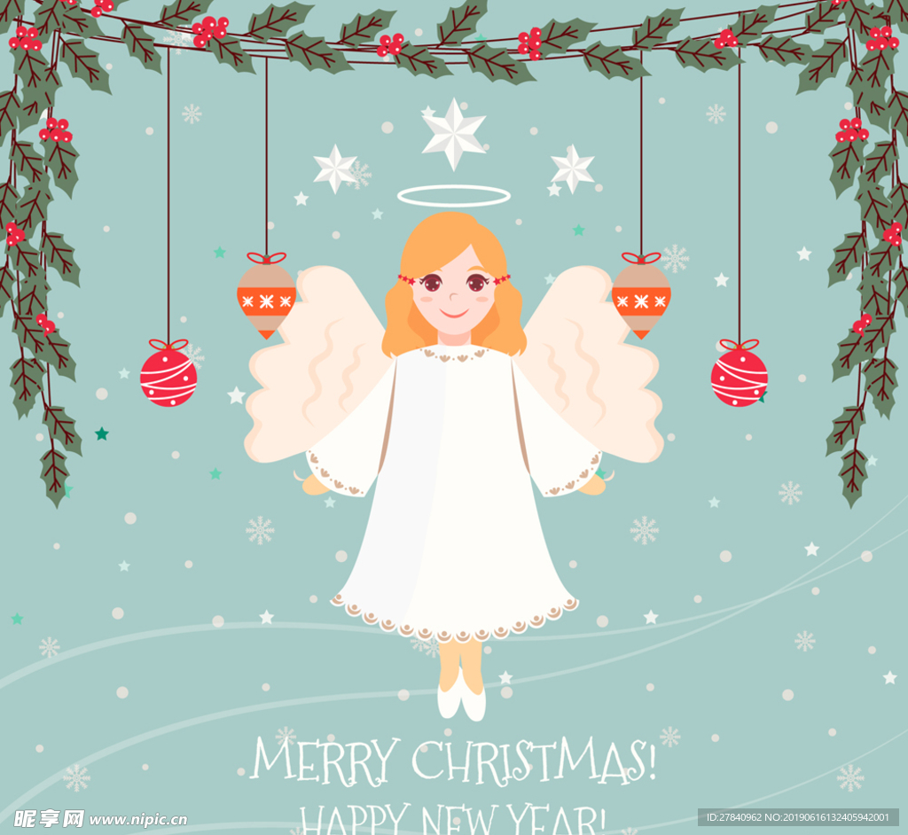 白色圣诞节天使贺卡矢量素材