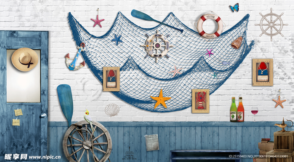 复古砖头海盗船餐厅酒吧背景墙