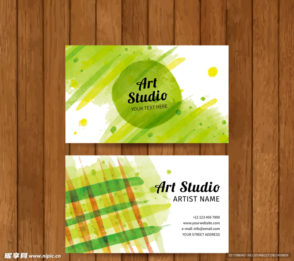 水彩绘绿色名片正反面
