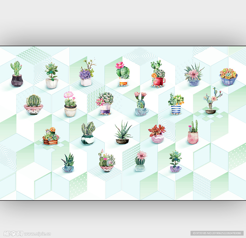 手绘小清新多肉植物壁画背景墙