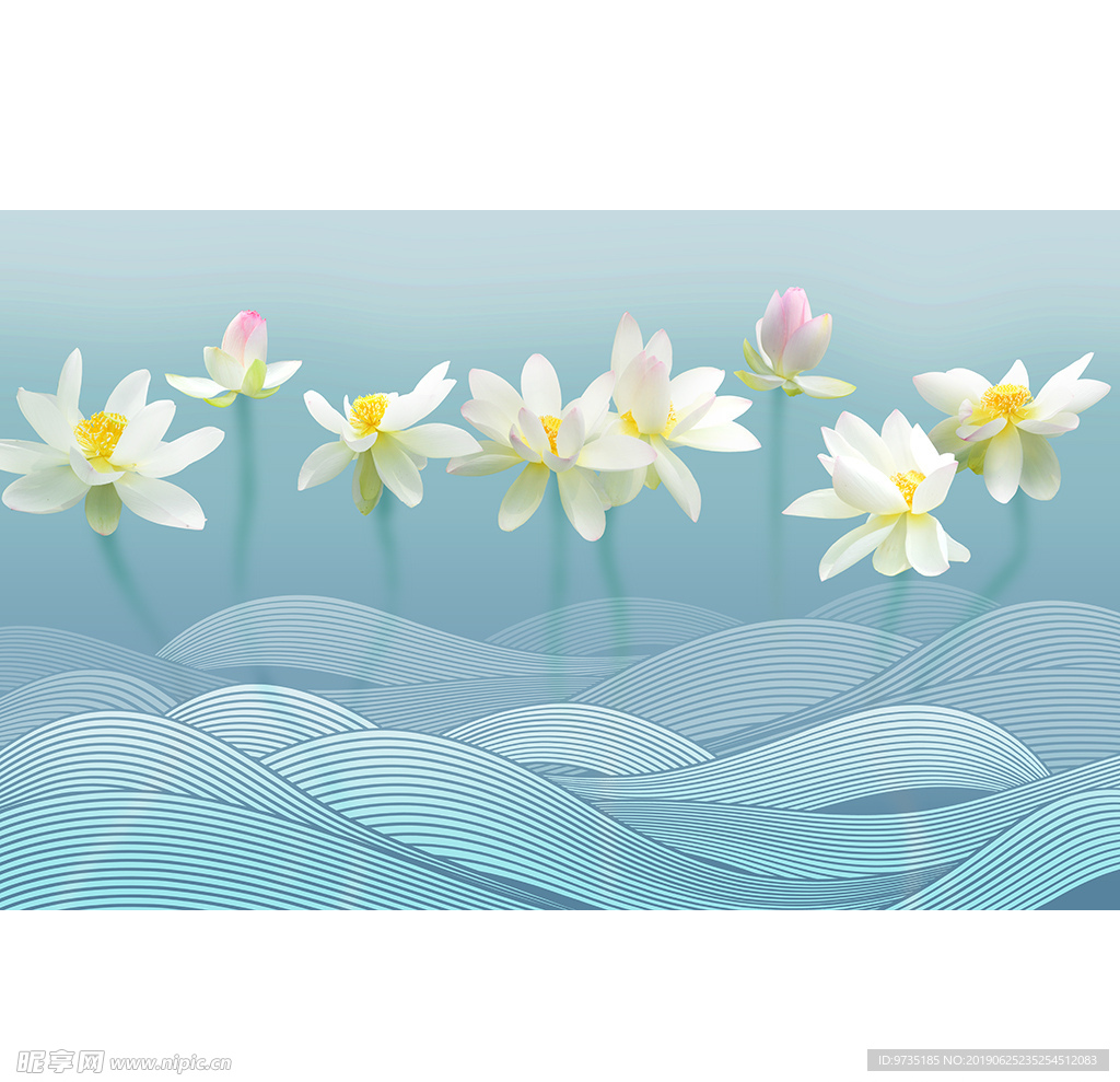 出水芙蓉白色荷花小清新壁画背景