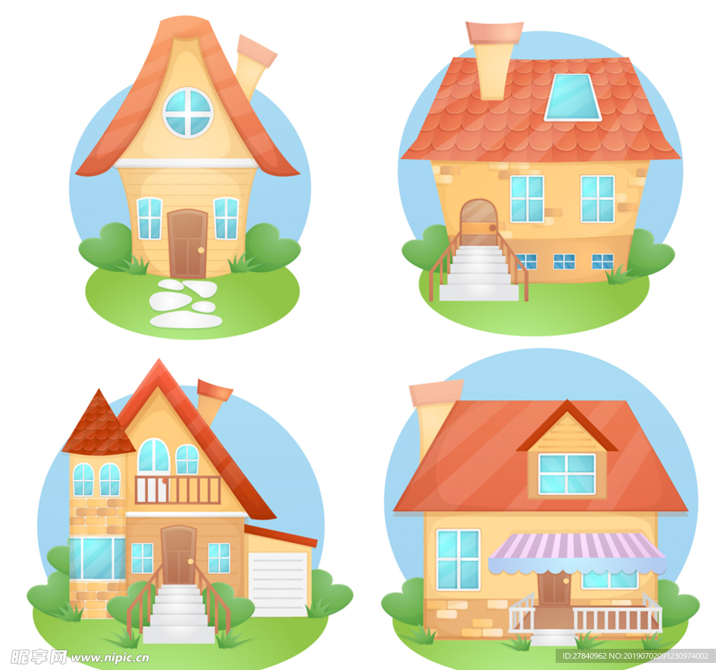 4款卡通房屋设计矢量素材