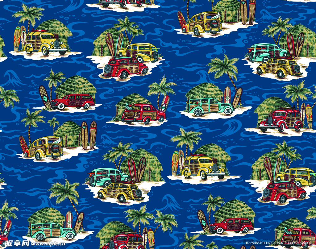 卡通汽车 椰树 热带